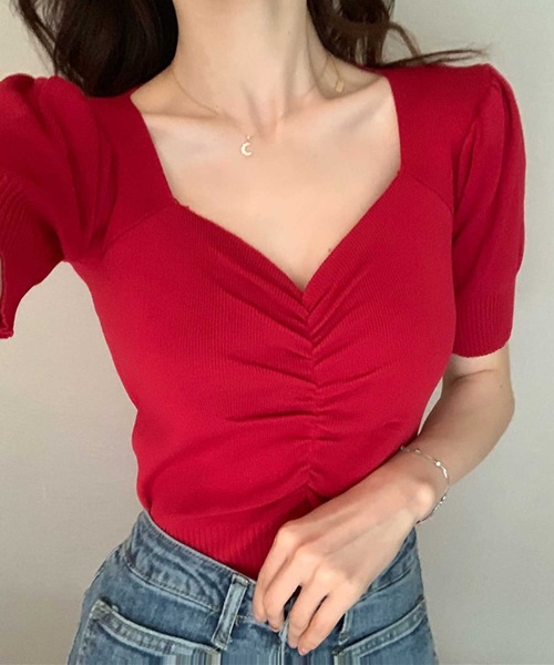 LUGG NAGG（ラグナグ）の「パフスリーブシャーリングサマーニットトップス（Tシャツ/カットソー・レディース・ローズ/イエロー/レッド/レッドパープル/ホワイト/ブラック/ベージュ・M）」の6枚目の写真
