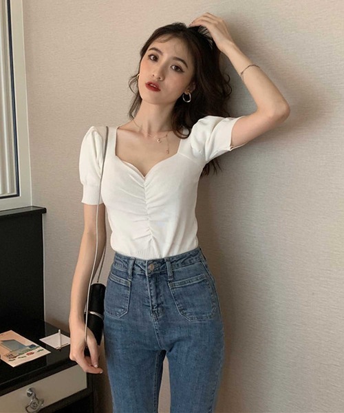 LUGG NAGG（ラグナグ）の「パフスリーブシャーリングサマーニットトップス（Tシャツ/カットソー・レディース・ローズ/イエロー/レッド/レッドパープル/ホワイト/ブラック/ベージュ・M）」の18枚目の写真