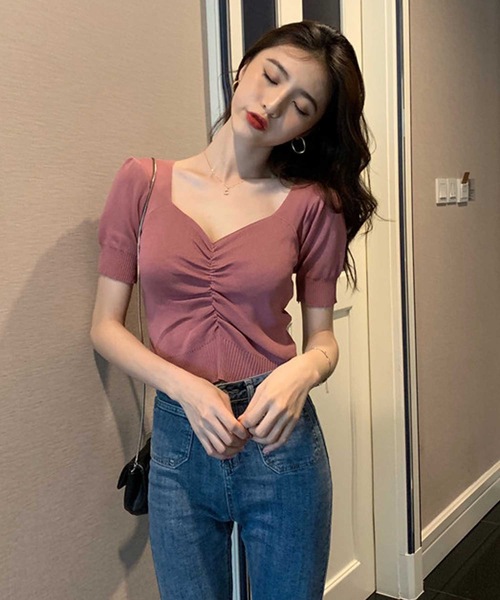 LUGG NAGG（ラグナグ）の「パフスリーブシャーリングサマーニットトップス（Tシャツ/カットソー・レディース・ローズ/イエロー/レッド/レッドパープル/ホワイト/ブラック/ベージュ・M）」の9枚目の写真