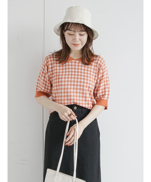 ehka sopo（エヘカソポ）の「ギンガムチェック/無地アソートニットポロシャツ（Tシャツ/カットソー・レディース・オレンジ/グリーン/ミント/ピンク/ベージュ/ブラック・ﾌﾘ-）」の6枚目の写真