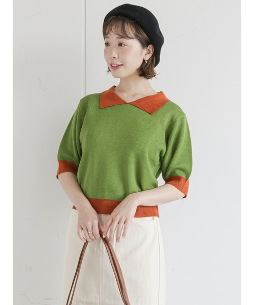 ehka sopo（エヘカソポ）の「ギンガムチェック/無地アソートニットポロシャツ（Tシャツ/カットソー・レディース・オレンジ/グリーン/ミント/ピンク/ベージュ/ブラック・ﾌﾘ-）」の4枚目の写真