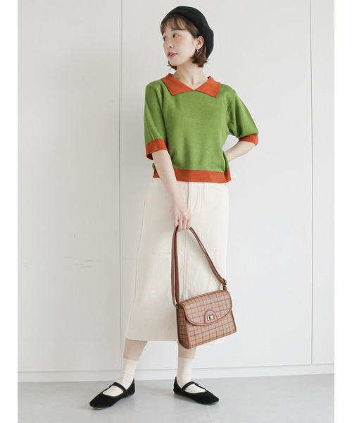 ehka sopo（エヘカソポ）の「ギンガムチェック/無地アソートニットポロシャツ（Tシャツ/カットソー・レディース・オレンジ/グリーン/ミント/ピンク/ベージュ/ブラック・ﾌﾘ-）」の7枚目の写真