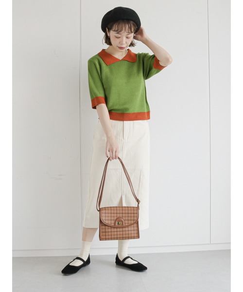 ehka sopo（エヘカソポ）の「ギンガムチェック/無地アソートニットポロシャツ（Tシャツ/カットソー・レディース・オレンジ/グリーン/ミント/ピンク/ベージュ/ブラック・ﾌﾘ-）」の14枚目の写真