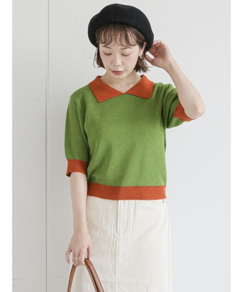 ehka sopo（エヘカソポ）の「ギンガムチェック/無地アソートニットポロシャツ（Tシャツ/カットソー・レディース・オレンジ/グリーン/ミント/ピンク/ベージュ/ブラック・ﾌﾘ-）」の19枚目の写真