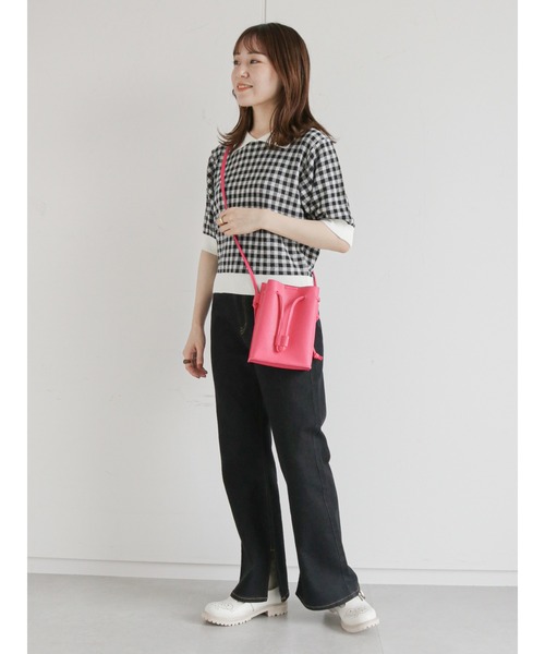 ehka sopo（エヘカソポ）の「ギンガムチェック/無地アソートニットポロシャツ（Tシャツ/カットソー・レディース・オレンジ/グリーン/ミント/ピンク/ベージュ/ブラック・ﾌﾘ-）」の8枚目の写真