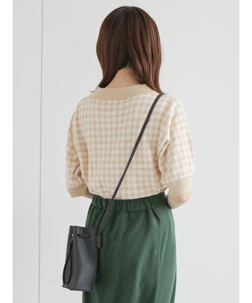 ehka sopo（エヘカソポ）の「ギンガムチェック/無地アソートニットポロシャツ（Tシャツ/カットソー・レディース・オレンジ/グリーン/ミント/ピンク/ベージュ/ブラック・ﾌﾘ-）」の10枚目の写真