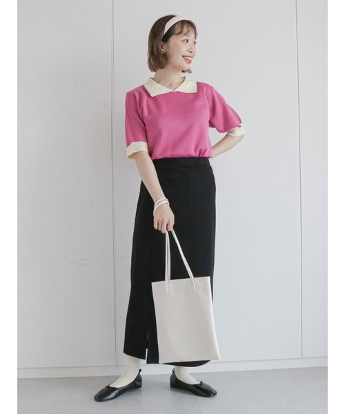 ehka sopo（エヘカソポ）の「ギンガムチェック/無地アソートニットポロシャツ（Tシャツ/カットソー・レディース・オレンジ/グリーン/ミント/ピンク/ベージュ/ブラック・ﾌﾘ-）」の17枚目の写真