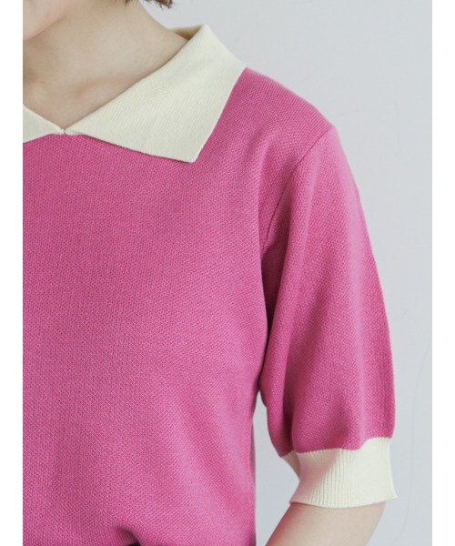 ehka sopo（エヘカソポ）の「ギンガムチェック/無地アソートニットポロシャツ（Tシャツ/カットソー・レディース・オレンジ/グリーン/ミント/ピンク/ベージュ/ブラック・ﾌﾘ-）」の11枚目の写真