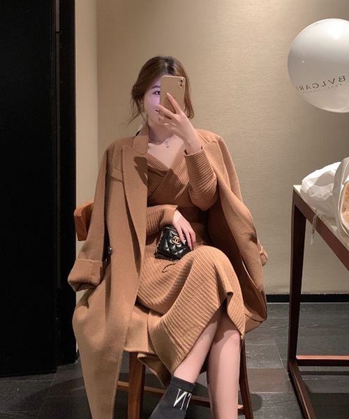 LUGG NAGG(ラグナグ)の「カシュクールリブ編みニットワンピース(ワンピース・レディース・コーラルピンク/ブラウン/ベージュ/ブラック/オリーブ/ブルー・M)」の18枚目の写真