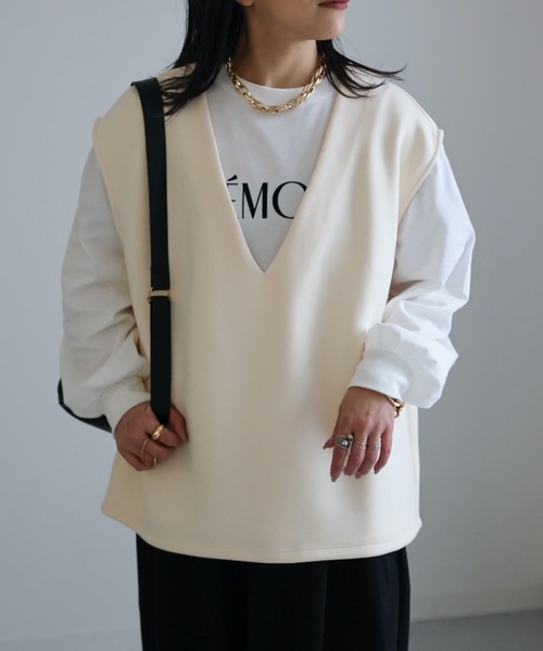 ap retro(アプレトロ)の「ダンボール深Vネックオーバーベスト(ベスト・レディース・アイボリー/ブラック/グレー・FREE)」の4枚目の写真