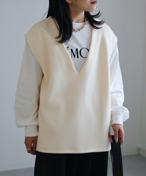 ap retro(アプレトロ)の「ダンボール深Vネックオーバーベスト(ベスト・レディース・アイボリー/ブラック/グレー・FREE)」の5枚目の写真