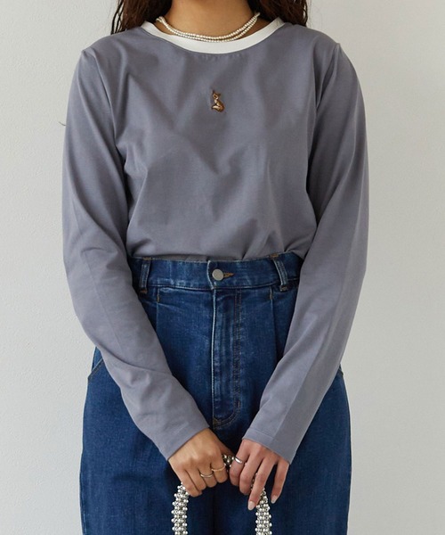 179/WG(イチナナキュウダブルジー)の「キツネ刺繍リンガーロンTEE(Tシャツ/カットソー・レディース・グリーン/ナチュラル/ブラック/ブルー/オフホワイト・FREE)」の5枚目の写真