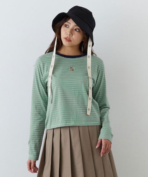 179/WG(イチナナキュウダブルジー)の「キツネ刺繍リンガーロンTEE(Tシャツ/カットソー・レディース・グリーン/ナチュラル/ブラック/ブルー/オフホワイト・FREE)」の1枚目の写真