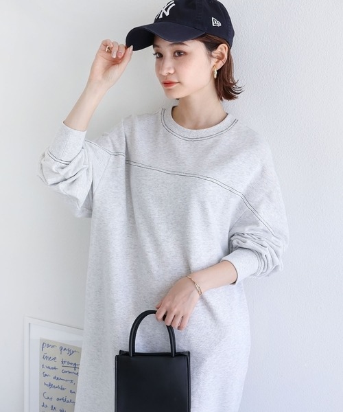 andme（アンドミー）の「裏毛配色ステッチ長袖スウェットワンピース（ワンピース・レディース・ブラック/チャコールグレー/グリーン/オートミール/ネイビー/ブルー/ブラウン/グレー系その他/アイボリー系・M）」の5枚目の写真
