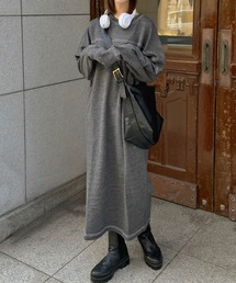 裏毛配色ステッチ長袖スウェットワンピース