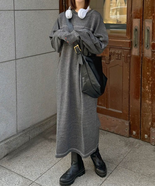 セール】裏毛配色ステッチ長袖スウェットワンピース（ワンピース