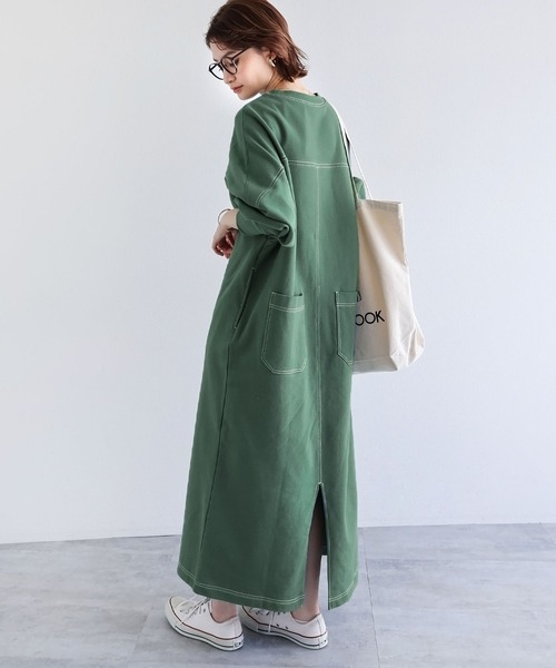 andme（アンドミー）の「裏毛配色ステッチ長袖スウェットワンピース（ワンピース・レディース・ブラック/チャコールグレー/グリーン/オートミール/ネイビー/ブルー/ブラウン/グレー系その他/アイボリー系・M）」の7枚目の写真