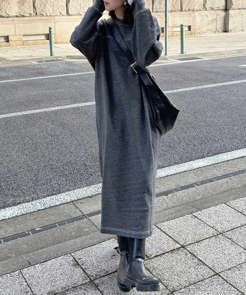 セール】裏毛配色ステッチ長袖スウェットワンピース（ワンピース