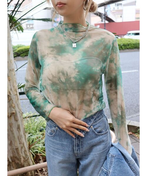 EVRIS(エヴリス)の「シアーハイネックトップス(Tシャツ/カットソー・レディース・ブラック/グリーン・FREE)」の1枚目の写真