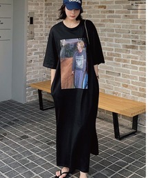 5分袖フォトプリントTシャツワンピース
