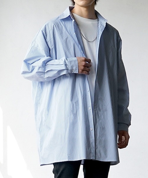 MinoriTY(マイノリティ)の「【MinoriTY】ストライプビッグレギュラーカラーシャツ 秋服 メンズ ストライプシャツ オーバーサイズ(シャツ/ブラウス・メンズ・ブラック/ブルー/ベージュ・L/M/S)」の3枚目の写真