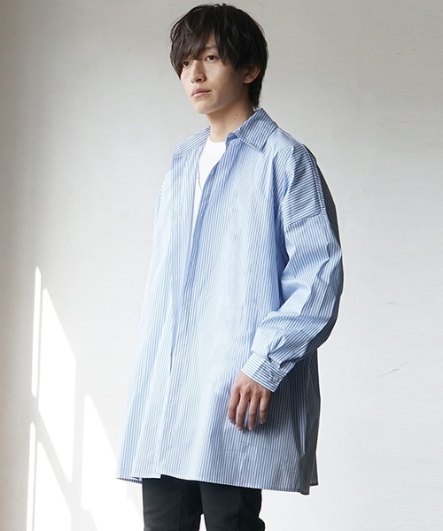 これからの夏にピッタリ！大活躍！ ROARK ストライプシャツ Mサイズ 黒/青 MinoriTY】ストライプビッグレギュラーカラーシャツ 秋服 メンズ