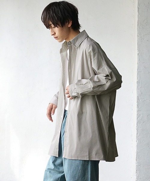 MinoriTY(マイノリティ)の「【MinoriTY】ストライプビッグレギュラーカラーシャツ 秋服 メンズ ストライプシャツ オーバーサイズ(シャツ/ブラウス・メンズ・ブラック/ブルー/ベージュ・L/M/S)」の8枚目の写真