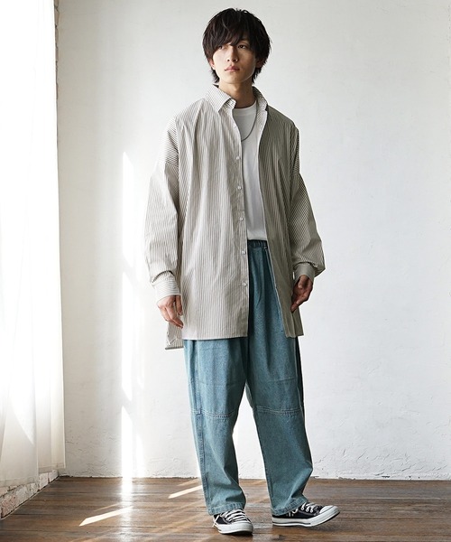 MinoriTY(マイノリティ)の「【MinoriTY】ストライプビッグレギュラーカラーシャツ 秋服 メンズ ストライプシャツ オーバーサイズ(シャツ/ブラウス・メンズ・ブラック/ブルー/ベージュ・L/M/S)」の4枚目の写真