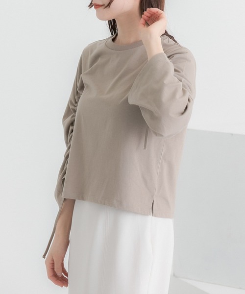 HEYUMM（ヘユム）の「ギャザースリーブクロップドTシャツ（Tシャツ/カットソー・レディース・モカ/ブラック/オフホワイト・ONE）」の21枚目の写真