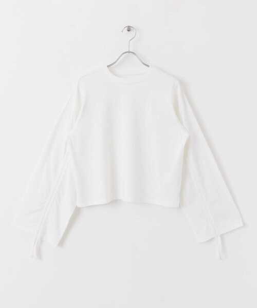 HEYUMM（ヘユム）の「ギャザースリーブクロップドTシャツ（Tシャツ/カットソー・レディース・モカ/ブラック/オフホワイト・ONE）」の10枚目の写真