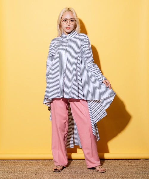 MHBG TOKYO(エムエイチビージートーキョー)の「フィッシュテール ロングシャツ ワンピース(シャツ/ブラウス・レディース・ストライプ/アイボリー・FREE)」の15枚目の写真