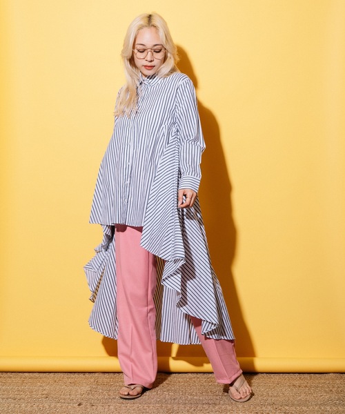 MHBG TOKYO(エムエイチビージートーキョー)の「フィッシュテール ロングシャツ ワンピース(シャツ/ブラウス・レディース・ストライプ/アイボリー・FREE)」の16枚目の写真