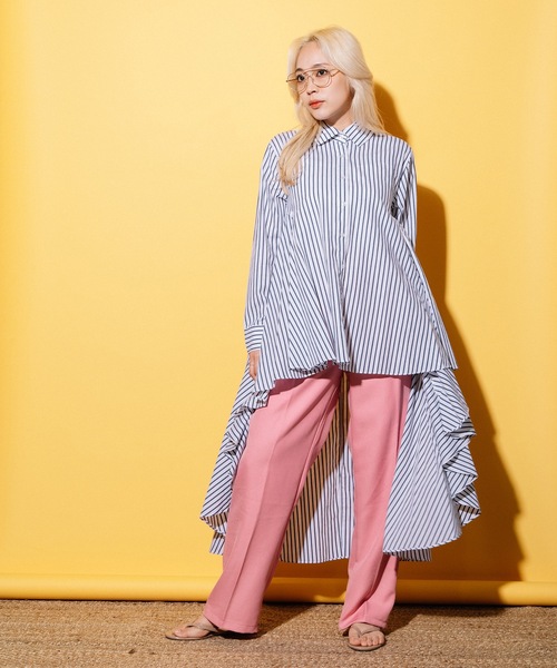 MHBG TOKYO(エムエイチビージートーキョー)の「フィッシュテール ロングシャツ ワンピース(シャツ/ブラウス・レディース・ストライプ/アイボリー・FREE)」の21枚目の写真