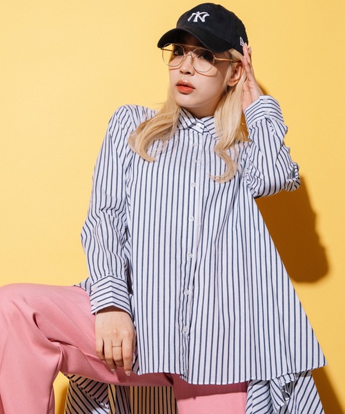 MHBG TOKYO(エムエイチビージートーキョー)の「フィッシュテール ロングシャツ ワンピース(シャツ/ブラウス・レディース・ストライプ/アイボリー・FREE)」の18枚目の写真