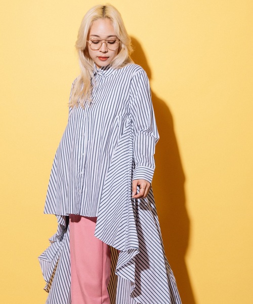 MHBG TOKYO(エムエイチビージートーキョー)の「フィッシュテール ロングシャツ ワンピース(シャツ/ブラウス・レディース・ストライプ/アイボリー・FREE)」の10枚目の写真