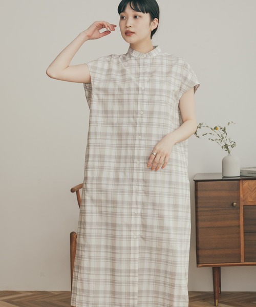 FORK&SPOON（フォークアンドスプーン）の「FORK&SPOON　バンドカラーフレンチスリーブシャツワンピース（ワンピース・レディース・ネイビー/グレー系その他/ブラウン系その他・1）」の6枚目の写真