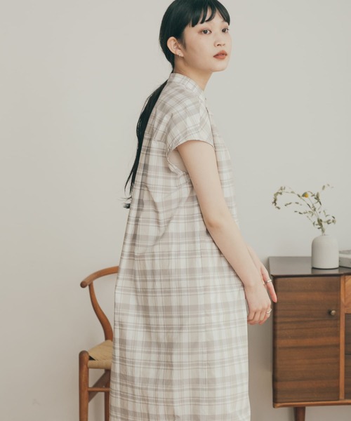 FORK&SPOON（フォークアンドスプーン）の「FORK&SPOON　バンドカラーフレンチスリーブシャツワンピース（ワンピース・レディース・ネイビー/グレー系その他/ブラウン系その他・1）」の8枚目の写真