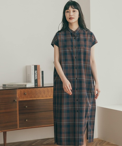 FORK&SPOON（フォークアンドスプーン）の「FORK&SPOON　バンドカラーフレンチスリーブシャツワンピース（ワンピース・レディース・ネイビー/グレー系その他/ブラウン系その他・1）」の11枚目の写真