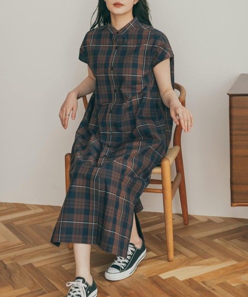 FORK&SPOON（フォークアンドスプーン）の「FORK&SPOON　バンドカラーフレンチスリーブシャツワンピース（ワンピース・レディース・ネイビー/グレー系その他/ブラウン系その他・1）」の13枚目の写真