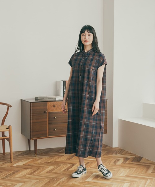 FORK&SPOON（フォークアンドスプーン）の「FORK&SPOON　バンドカラーフレンチスリーブシャツワンピース（ワンピース・レディース・ネイビー/グレー系その他/ブラウン系その他・1）」の15枚目の写真