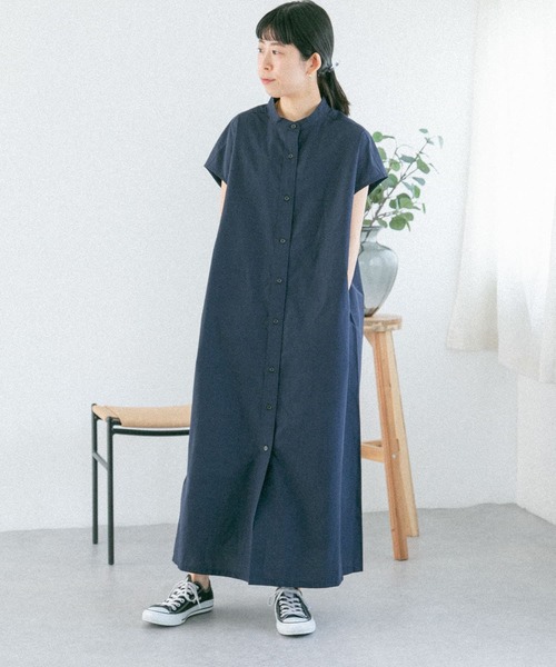 FORK&SPOON（フォークアンドスプーン）の「FORK&SPOON　バンドカラーフレンチスリーブシャツワンピース（ワンピース・レディース・ネイビー/グレー系その他/ブラウン系その他・1）」の22枚目の写真