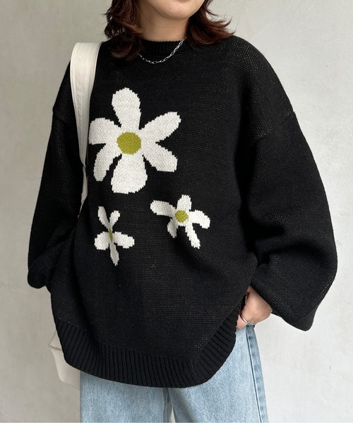 CPCM（シーピーシーエム）の「お花ジャガードBIGニット（ニット/セーター・レディース・アイボリー/ライム/ブラック/ネイビー/ホワイト系その他/イエロー系その他/グレー・FREE）」の5枚目の写真