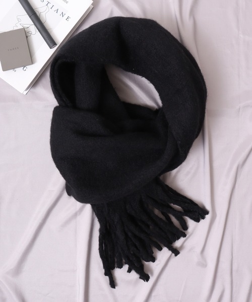 ロゴ入り黒マフラー ウール混紡 フリンジ付き LARDINI (ラルディーニ) カシミヤ混 フリンジ マフラー LDSC9063300