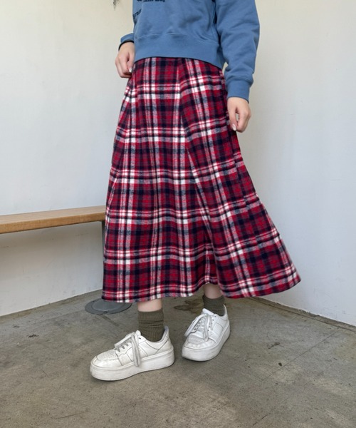 eLur（エラー）の「チェックフレアスカート（スカート・レディース・オレンジ/レッド・MEDIUM/SMALL）」の4枚目の写真