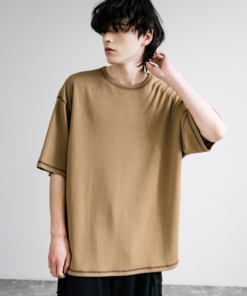Rocky Monroe(ロッキーモンロー)の「オーバーサイズ配色ステッチスムースTシャツ(Tシャツ/カットソー・メンズ・ベージュ/チャコール/キャメル/ホワイト/ブルーグレー/ブラック/カーキ/ワイン・M/L)」の7枚目の写真