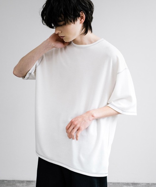 Rocky Monroe(ロッキーモンロー)の「オーバーサイズ配色ステッチスムースTシャツ(Tシャツ/カットソー・メンズ・ベージュ/チャコール/キャメル/ホワイト/ブルーグレー/ブラック/カーキ/ワイン・M/L)」の1枚目の写真