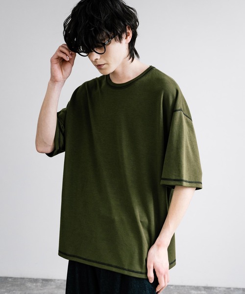 Rocky Monroe(ロッキーモンロー)の「オーバーサイズ配色ステッチスムースTシャツ(Tシャツ/カットソー・メンズ・ベージュ/チャコール/キャメル/ホワイト/ブルーグレー/ブラック/カーキ/ワイン・M/L)」の6枚目の写真