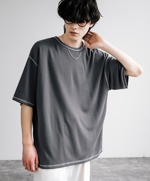 Rocky Monroe(ロッキーモンロー)の「オーバーサイズ配色ステッチスムースTシャツ(Tシャツ/カットソー・メンズ・ベージュ/チャコール/キャメル/ホワイト/ブルーグレー/ブラック/カーキ/ワイン・M/L)」の4枚目の写真