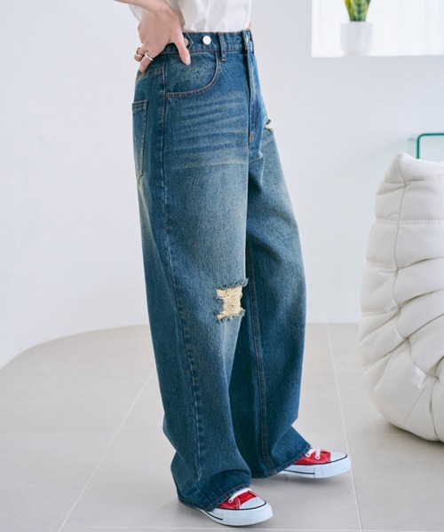 unclip（アンクリップ）の「ワイドデニムパンツ（デニムパンツ・レディース・ネイビー/サックスブルー・LARGE/MEDIUM）」の5枚目の写真