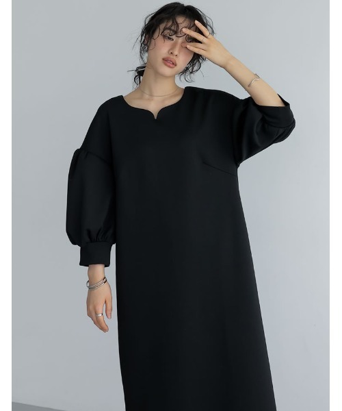 Re:EDIT（リエディ）の「[低身長サイズ有][イージーケア]2WAYダンボールハートネックパフスリーブナローワンピース（ワンピース・レディース・ブラック/アイボリー・SHORT/MEDIUM/LARGE）」の4枚目の写真